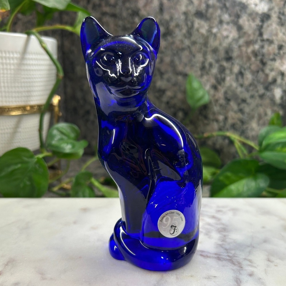 Fenton Art Glass Cobalt Blue Cat Figurine 95th Anniversary 1905-2000 Logo